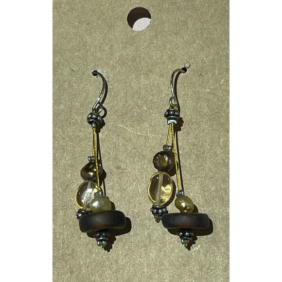 Recycled Sea Glass & Fresh Water Pearl Danglers Yellow & Brown Silver Plated - Picture 5 of 5
